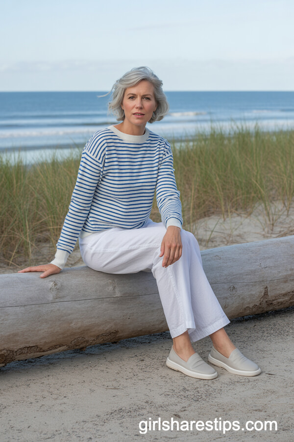 Classic Blue-and-White Striped Sweater with Linen Trousers