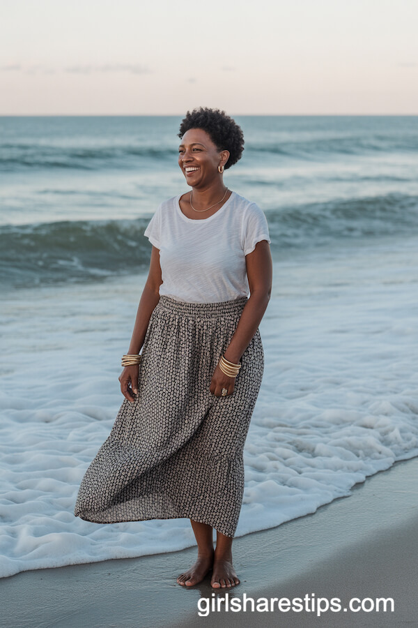 Airy Patterned Maxi Skirt with White T-Shirt