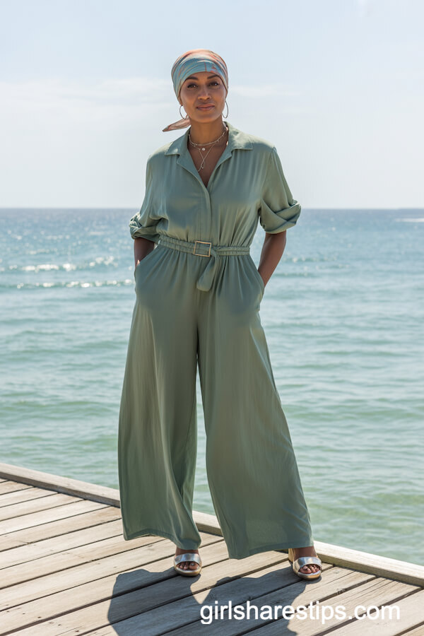 Sage Green Wide-Leg Jumpsuit with Colorful Scarf