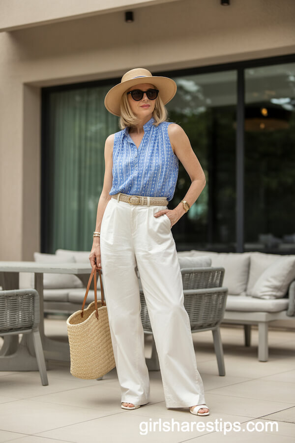 Sleeveless Blue Blouse with High-Waisted White Trousers