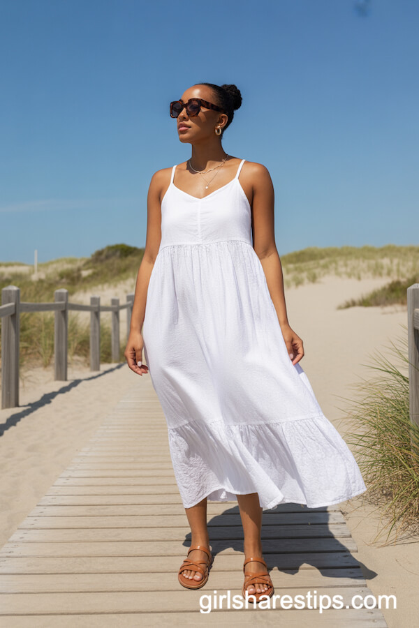 Flowing White Linen Sundress with Strappy Sandals