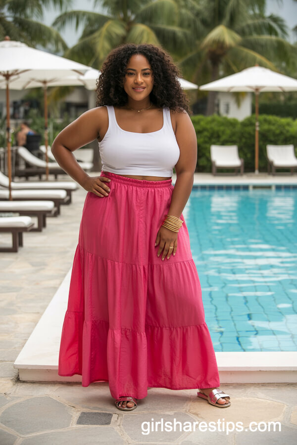 Bright Pink Tiered Maxi Skirt with White Tube Top