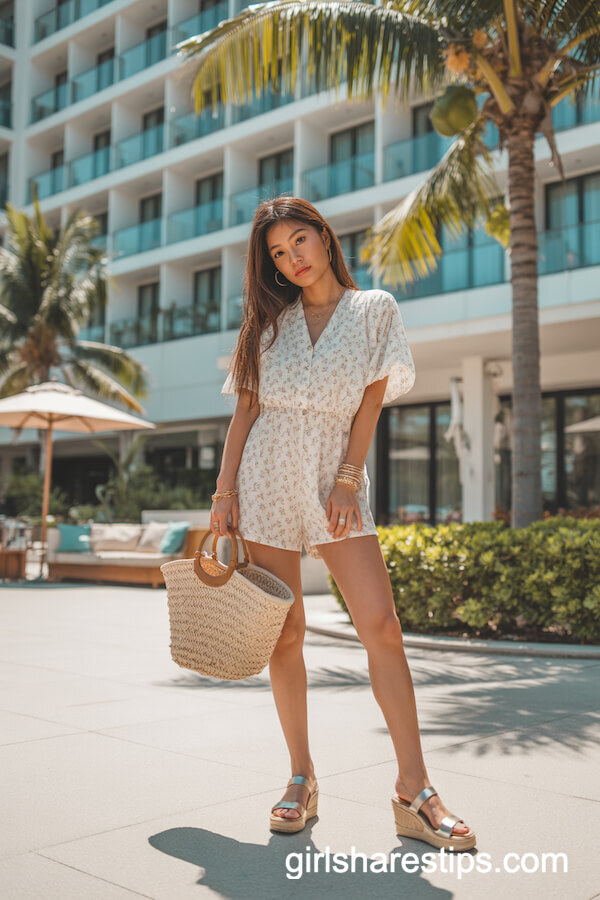 White Floral Romper with Wedge Sandals