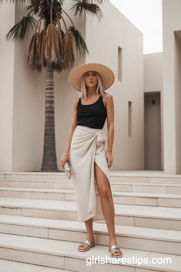 Black Tank Top with Cream Sarong Skirt