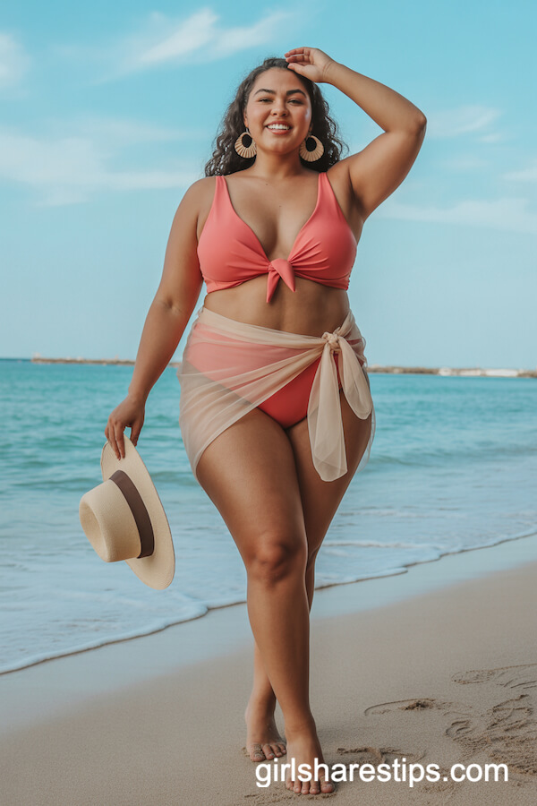 Coral Bikini with Sheer Sarong