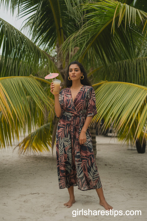 Tropical Leaf-Print Wrap Dress With Gold Hoops