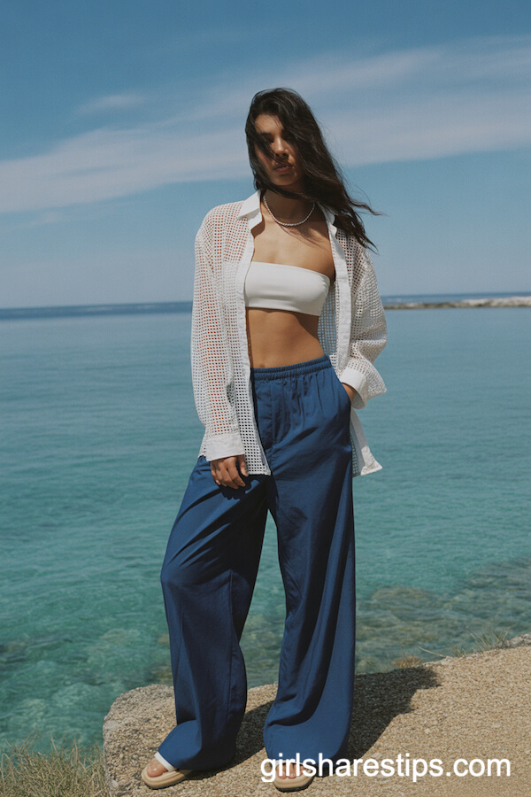 Oversized Beach Pants With White Bandeau and Mesh Shirt
