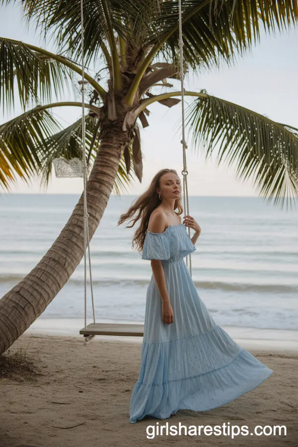 Off-Shoulder Ruffled Maxi Gown for an Elegant Seaside Look