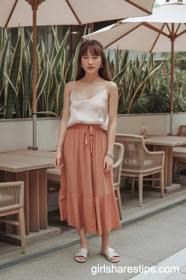 Pastel Camisole Coral Midi Skirt Delicate Jewelry