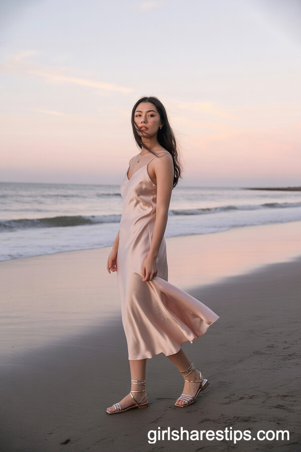 Blush Pink Silk Slip Dress With Metallic Sandals
