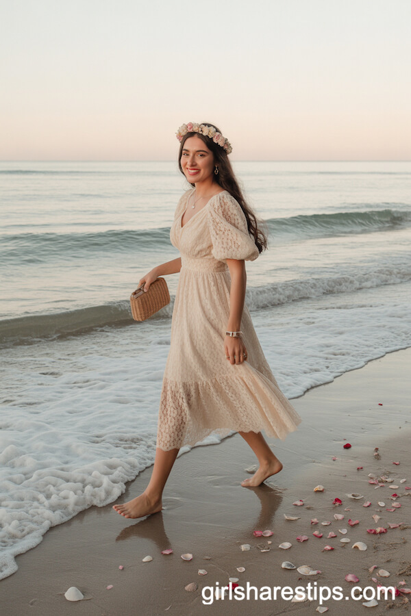 Cream Lace Midi Dress With Puff Sleeves and Flower Crown