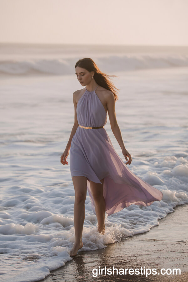 Lavender Halter-Neck Chiffon Dress for a Romantic Beach Walk