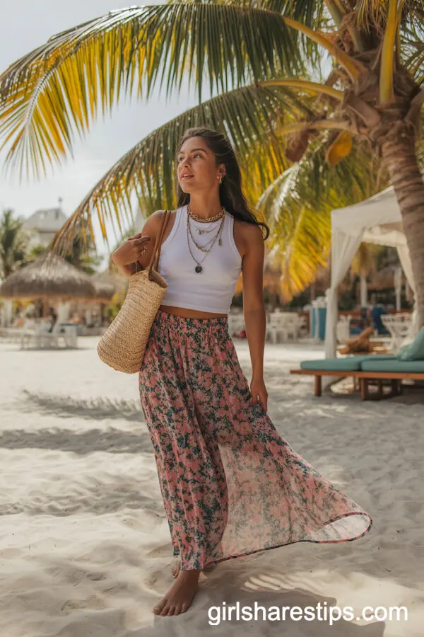 Colorful Floral Maxi Skirt and Cropped Tank Beach Look