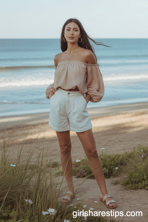 High-Waisted Linen Shorts Blush Off-Shoulder Blouse