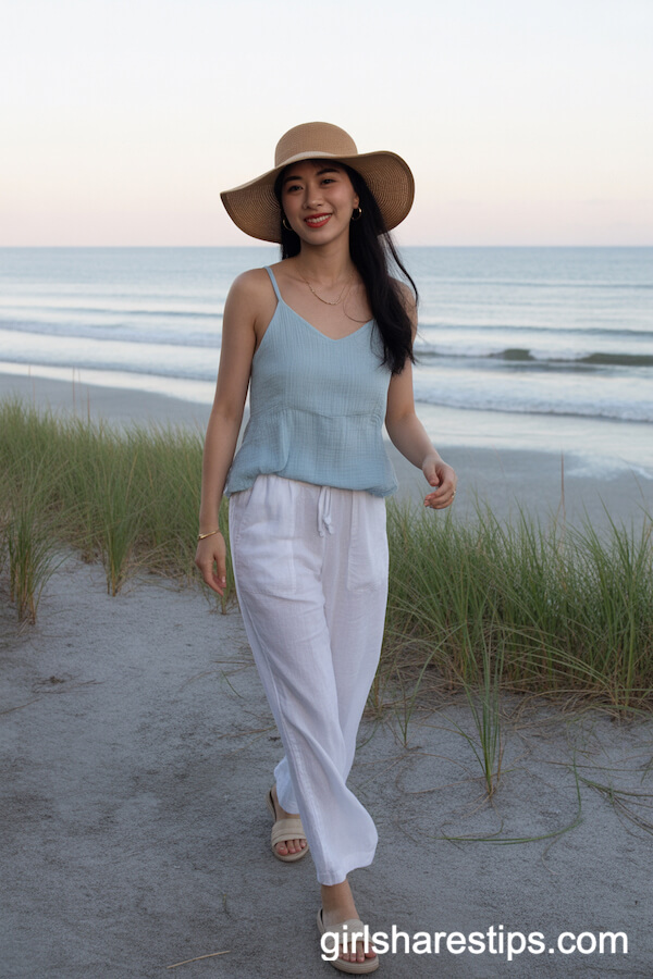 Breezy Linen Pants With Pastel Camisole and Floppy Hat Outfit