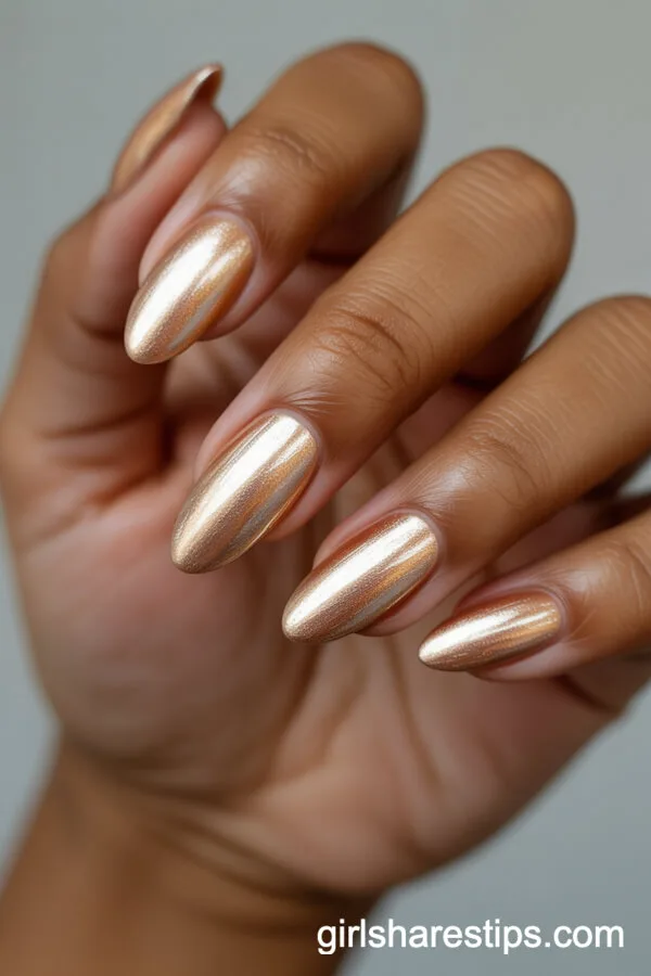 Gold Chrome Sunset-Inspired Almond Nails