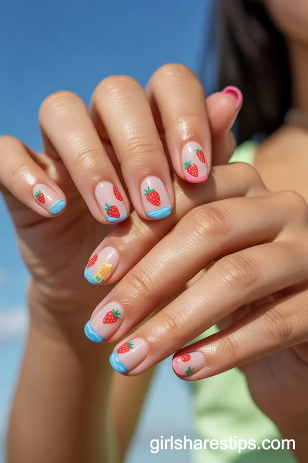 Strawberry Vacation Nails with Beach Motifs