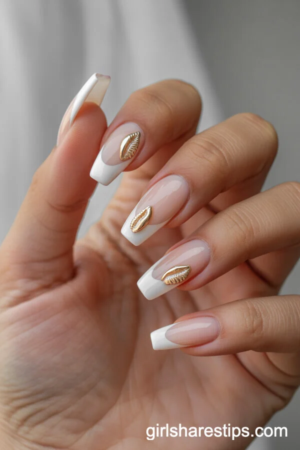 Minimalist Nude Coffin Nails with Golden Seashells