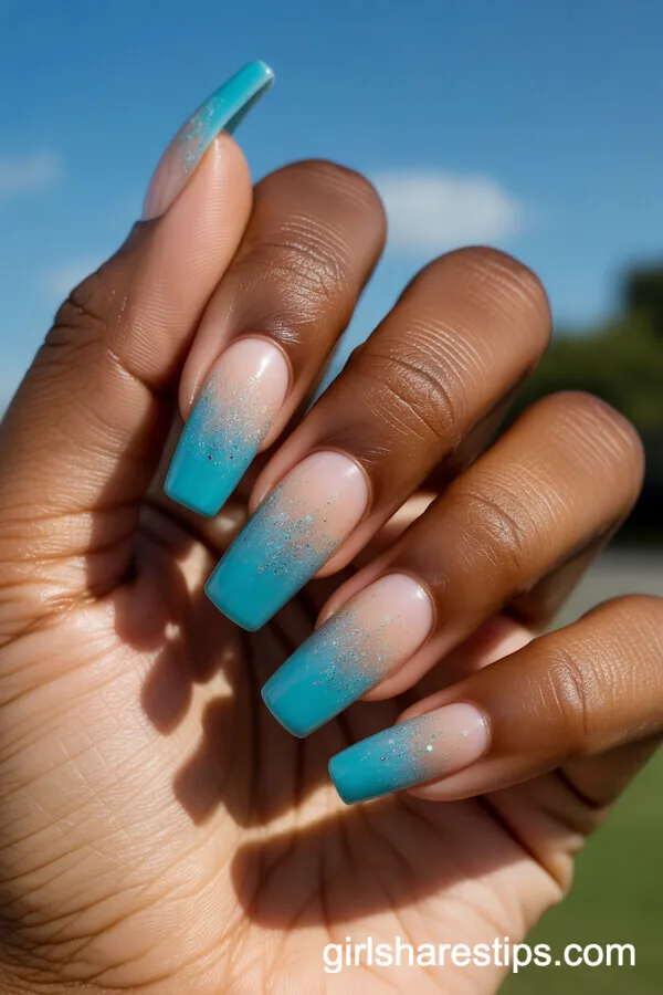 Turquoise to Sand Glitter Ombre Coffin Nails