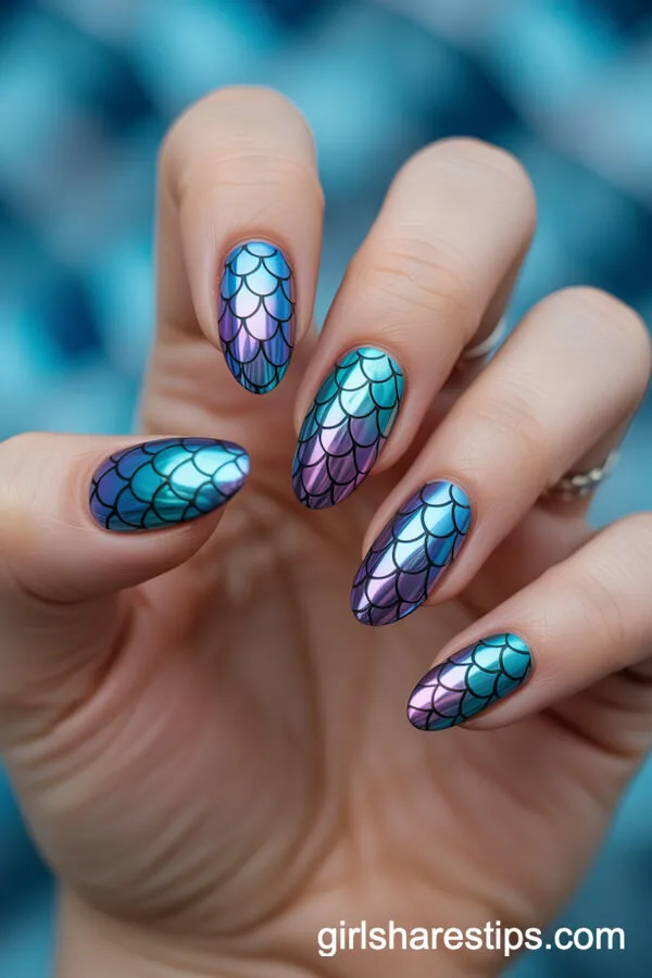 Mermaid Chrome Scale Almond Nails