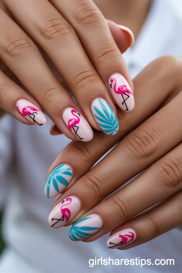 Pink Flamingo and Palm Oval Nails
