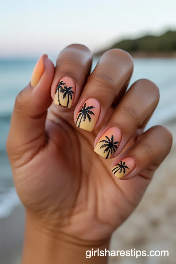 Sunset Gradient Nails with Palm Tree Silhouettes