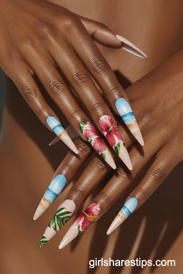 Hibiscus Flower Stiletto Nails with Beach Accents