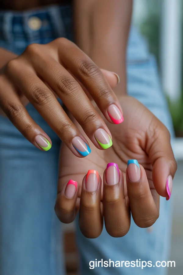 Neon Wave Designs on Short Natural Nails