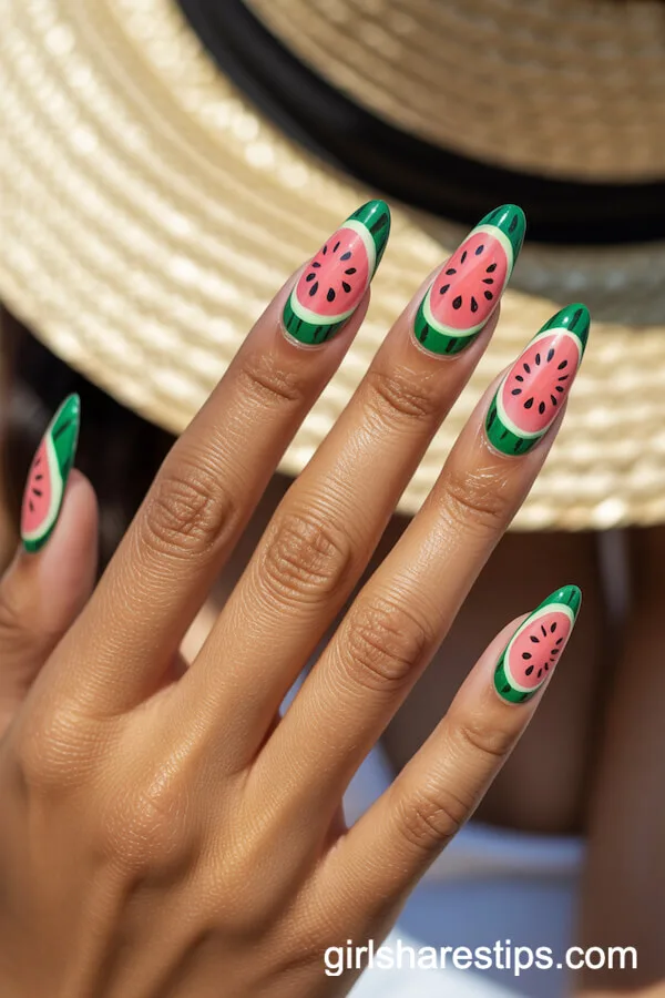 Watermelon Slice Stiletto Nails