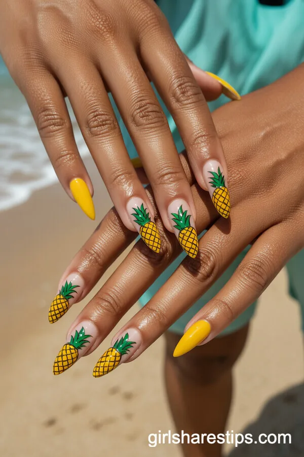 Pineapple Motif Pointed Stiletto Nails