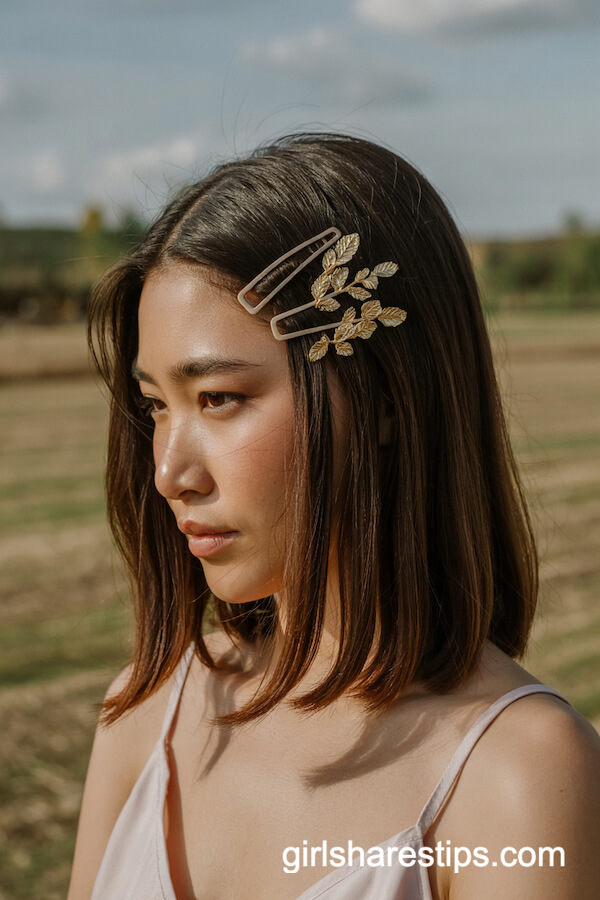 Sleek Shoulder-Length Hair with Gold Leaf Clips