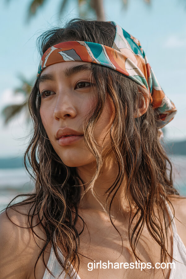 Long Beach Waves with Patterned Scarf Headband