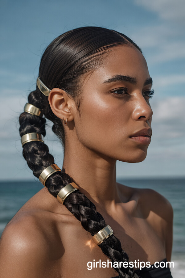 High Sleek Ponytail with Gold Hair Cuffs