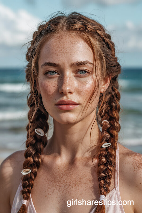 Boho Braided Pigtails with Tiny Seashells