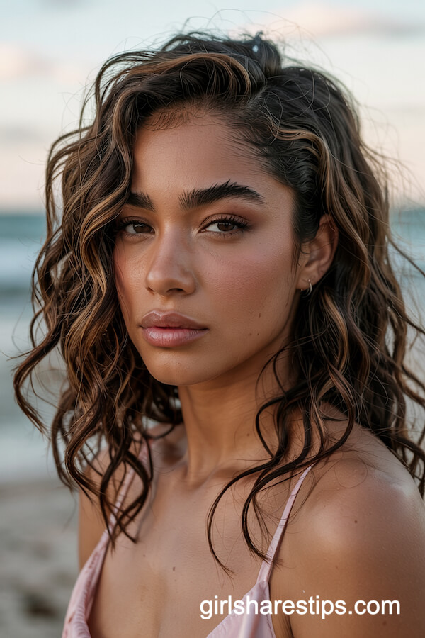Thick Tousled Beach Curls with Deep Side Part