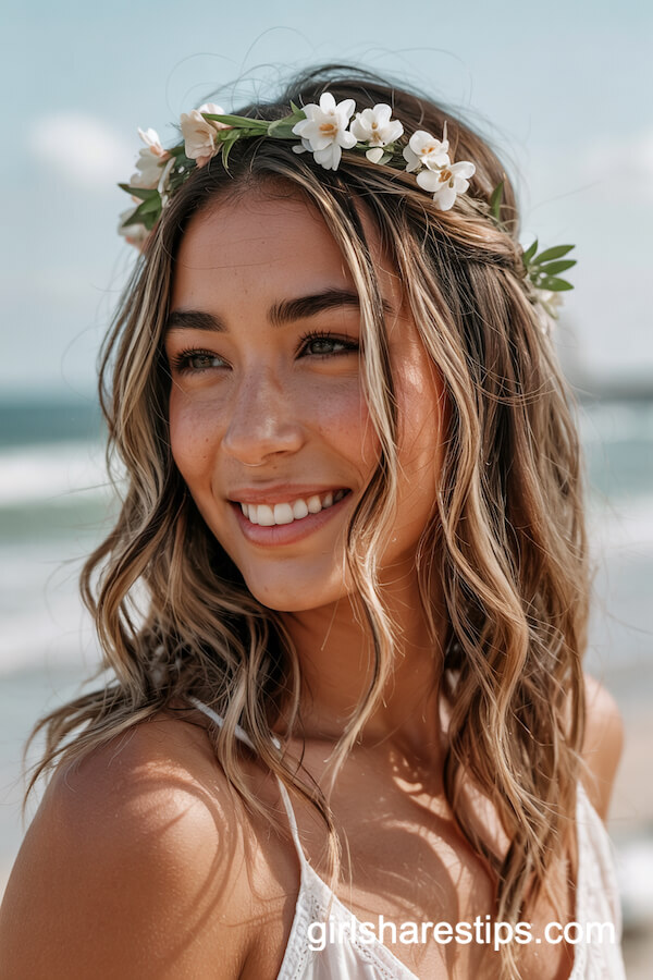 Loose Beach Waves with Flower Crown