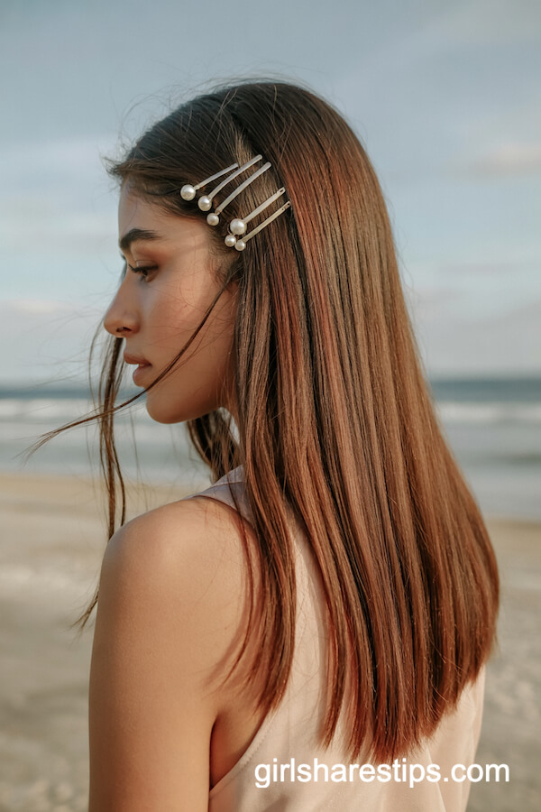 Sleek Straight Hair with Pearl Hairpins