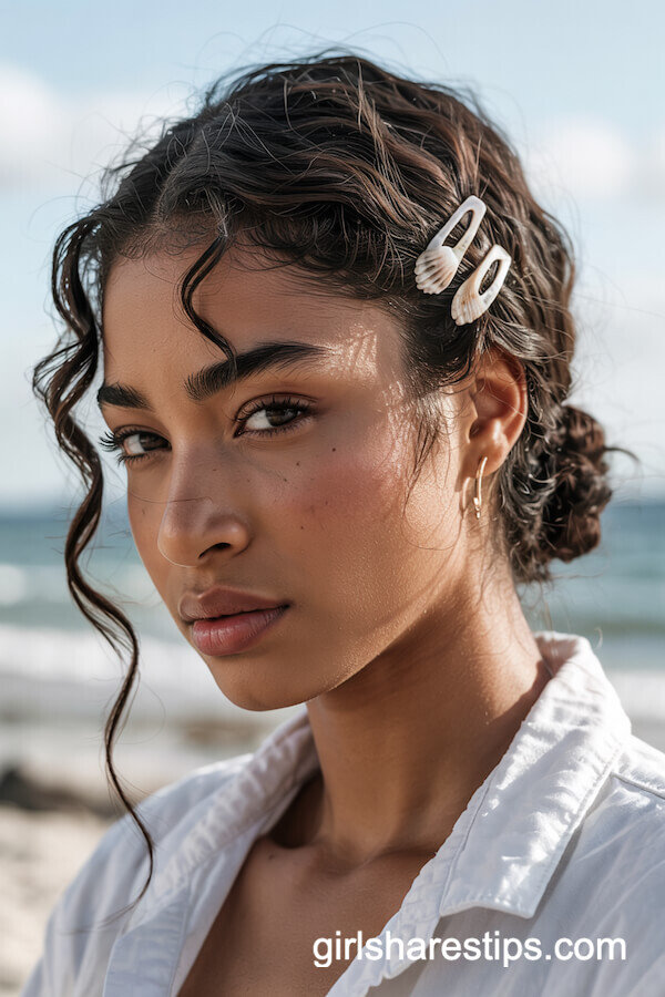 Soft Messy Low Bun with Seashell Hairpins