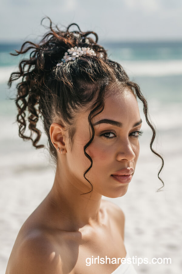 High Curly Ponytail with Decorative Beaded Hairpiece