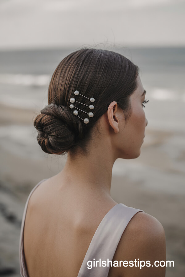 Sleek Low Chignon Bun with Pearl Pins