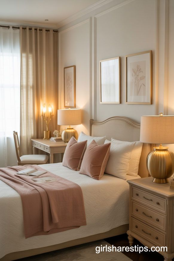Feminine Blush and Gold Bedroom with Grown-Up Glamour