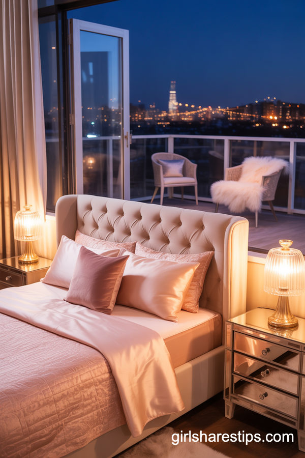 Glam Bedroom with Balcony and Sparkling City Views