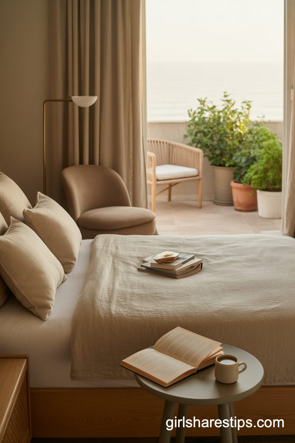 Calm Neutral Bedroom with Balcony Reading Corner