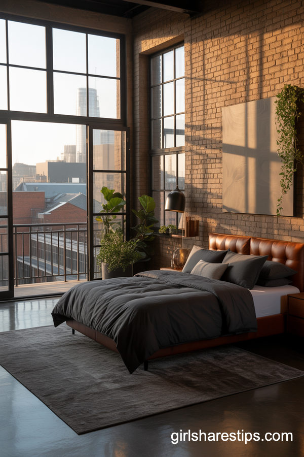 Industrial Loft Bedroom with Urban Balcony View