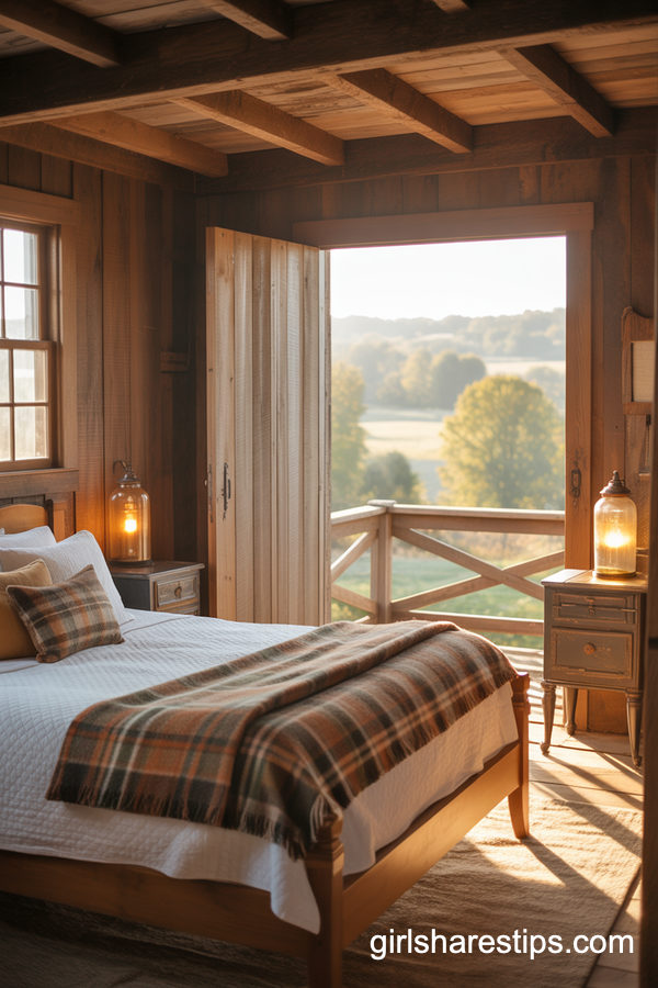 Rustic Farmhouse Bedroom with Sliding Barn Door Balcony