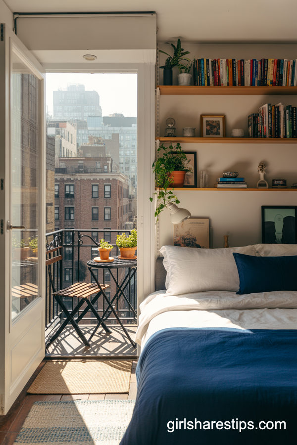 Small Urban Bedroom with Narrow City Balcony Outlook