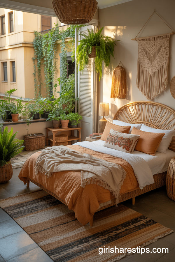 Boho Bedroom with Greenery-Filled Balcony Oasis