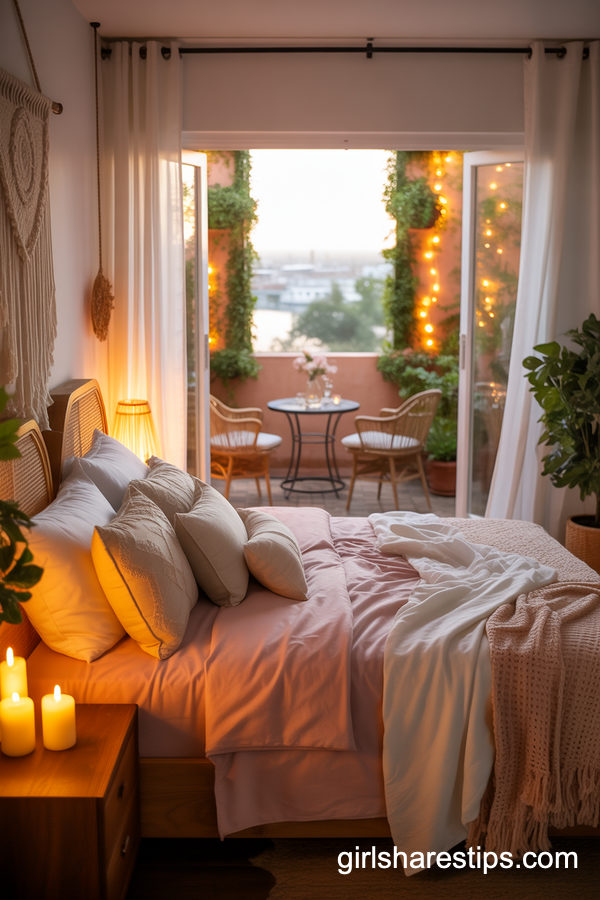 Romantic Bedroom with Balcony and Twinkling Evening Lights