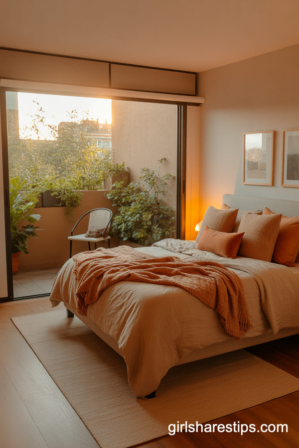 Cozy Small Bedroom with Narrow Balcony and Golden Hour Glow
