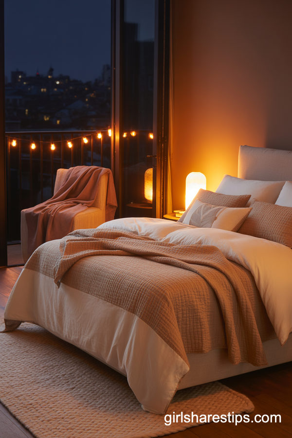 Warm Nighttime Bedroom with Balcony Glow